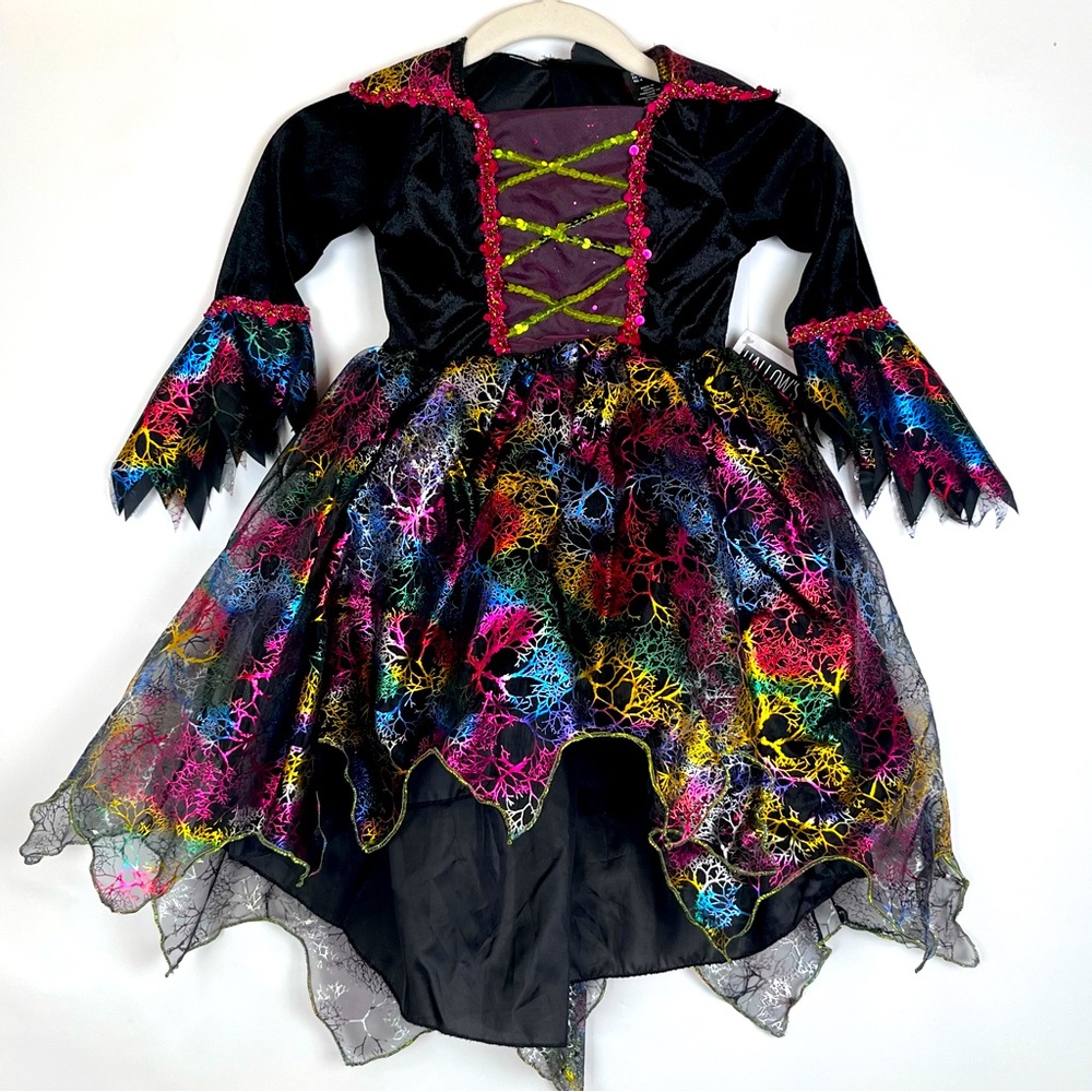 NWT Hallow’s Eve Costume Size XS (4) Witch Neon Sequins Velvety Tulle Black Goth